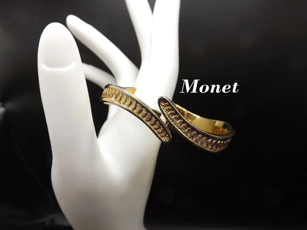 Vintage Monet Shell Design Hinged Bracelet, Gold Plated Bangle, 1960s